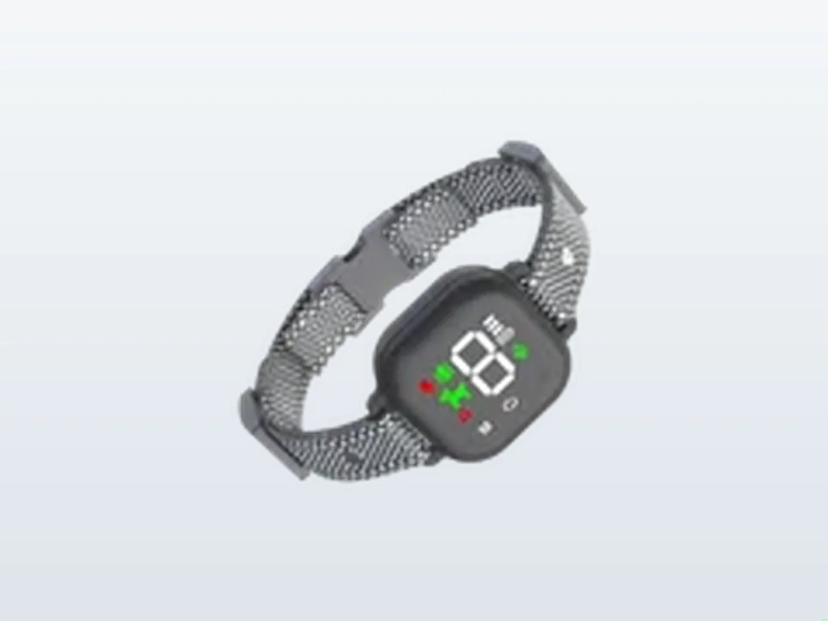Hush Bark SmartBark Collar showing reflective woven strap and digital LED screen